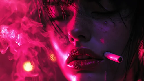 Neon smoke wraps a pensive face in moody cyber glow