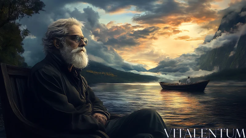 Lacustrine elder in atmospheric dusk-lit fjordscape study.