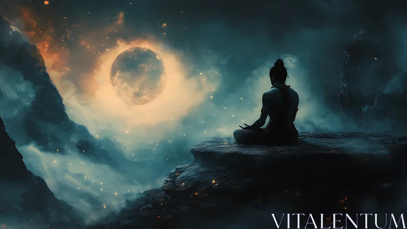 Solitary meditative figure under glowing celestial moon.