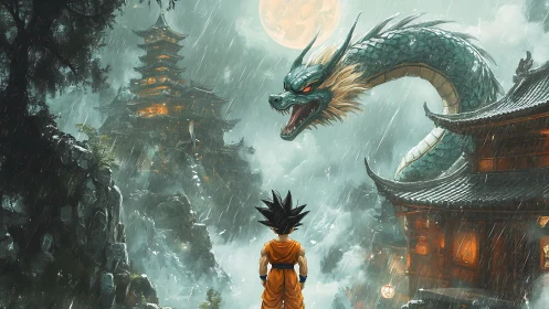 Martial artist facing dragon over rain-soaked temple valley.
