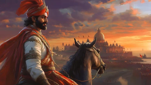 Regal warrior on horseback against grand palace at dusk.