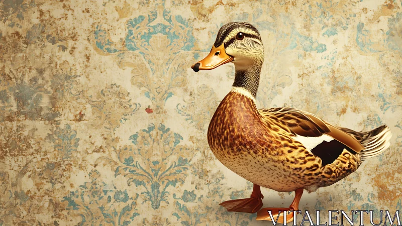 Mallard portrait against ornate distressed wallpaper background.