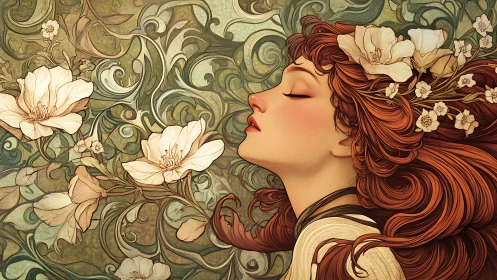 Art Nouveau portrait with flowing red hair and lilies.