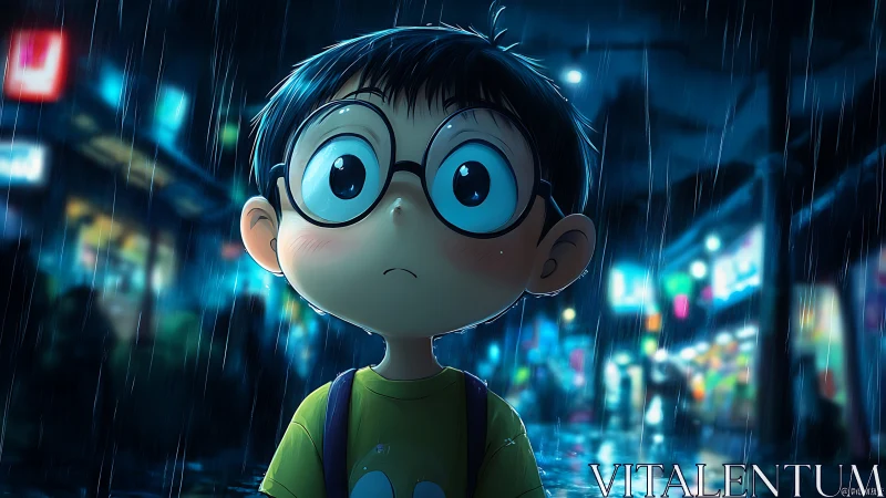 Wide-eyed boy in neon city rain with reflective puddles.