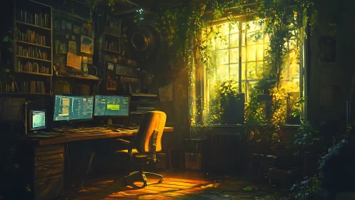 Sunlit biophilic workstation with multi-monitor setup.