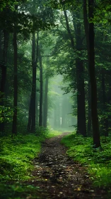 Verdant forest pathway dissolving into luminous atmospheric haze.
