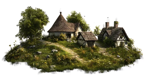 Rustic countryside cottages on grassy, flowered hill.