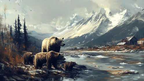 Grizzly family surveys alpine river near snowcapped peaks.