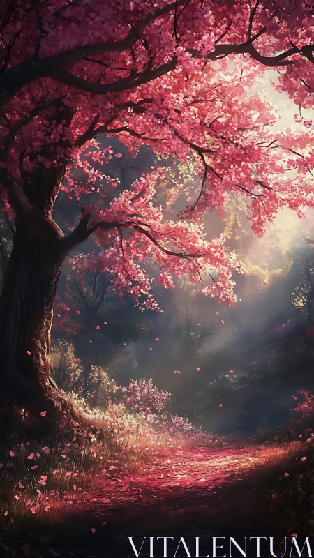 Cherry blossom tree over forest path in diffused light.