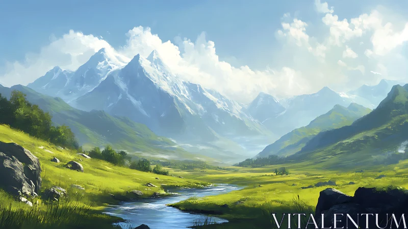 Mountain range above green valley with winding river under sky.