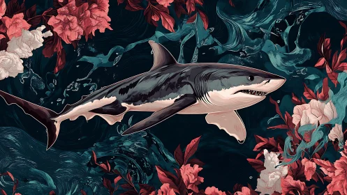 Illustrated great white shark with floral coral forms in stylized ocean