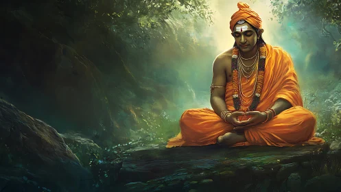 Orange-robed monk seated in forest clearing during meditation.