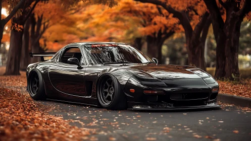 Black sports coupe is parked on a tree-lined autumn road