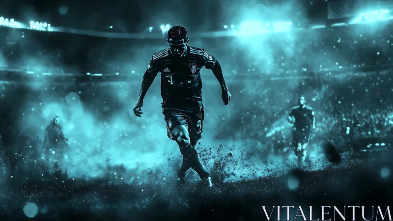 Neon storm striker charging through electric stadium fog.