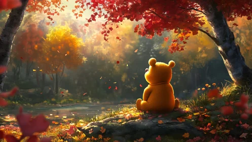 Plush bear observes golden autumn forest beside riverbank