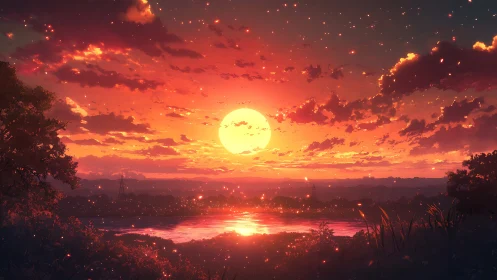 Digital landscape depicts low sun over reflective river surface