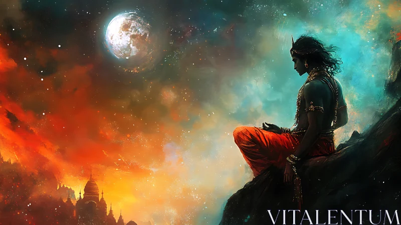 Solitary robed figure meditating under a luminous moon.