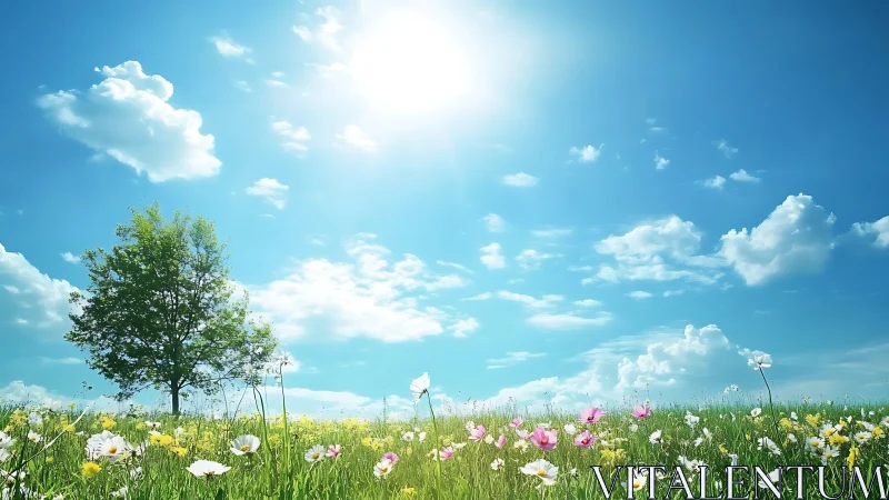 Sunlit wildflower meadow under expansive spring sky.