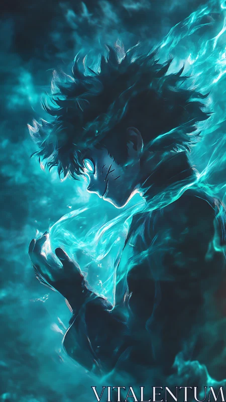 Electrified anime silhouette with turquoise ethereal energy aura