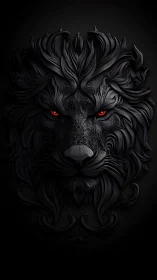 Black sculpted lion head with glowing red eyes centered