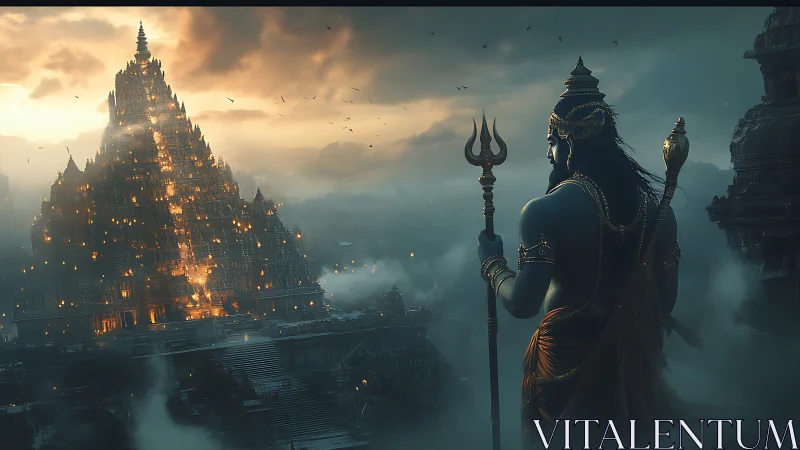 Mythic guardian watches blazing temple in stormlit twilight