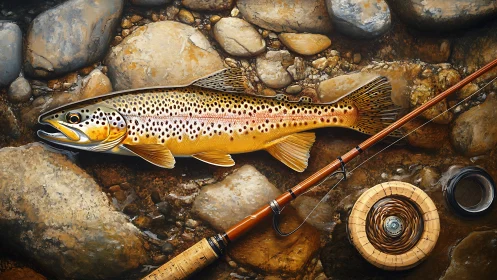 Trout lies on river stones beside wooden fly fishing rod