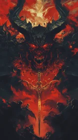 Infernal warlord visage with flaming infernal greatsword nexus.