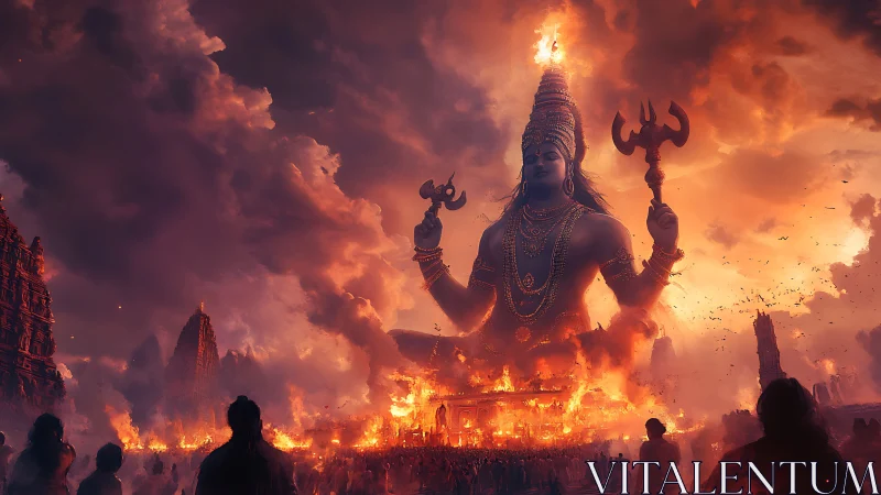 Digital painting of colossal fiery deity amid temple ruins.