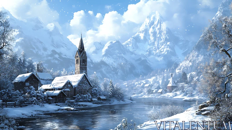 Snowy river village beneath towering alpine mountains.