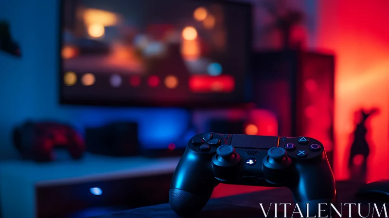 Gaming controller rests in neon-lit home setup scene.