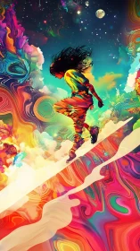 Dreamy cosmic wanderer strolling through neon skies.