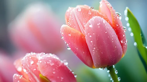 Pink tulips adorned with morning dewdrops in soft light