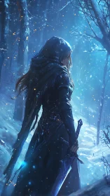 Lone winter warrior wandering through a glowing blue forest.