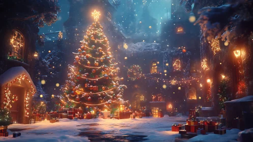 Snowy courtyard Christmas tree glows amid festive townhouses