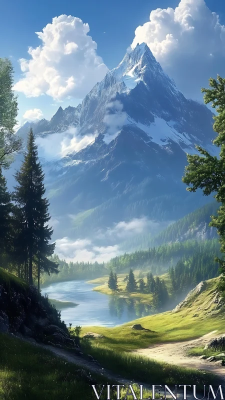 Snowcapped alpine peak above luminous river valley landscape.