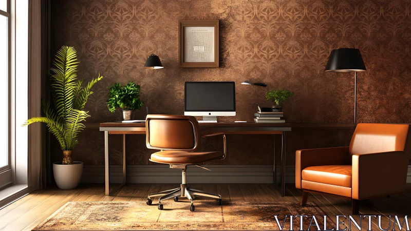 Home office workspace with brown leather seating and plants.