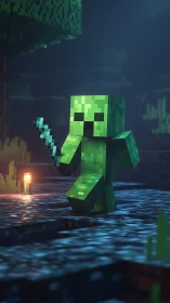 Voxel creeper warrior in torchlit dungeon environment design.
