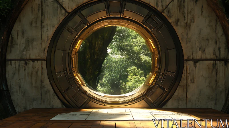 Starlit portal frames a sunlit jungle beyond steel walls.