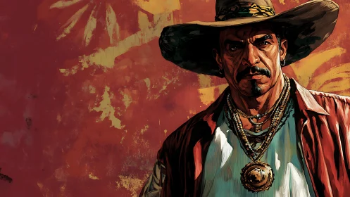 Sunlit outlaw in rugged hat stares with unflinching resolve.