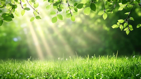 Sunlight Streaming Through Green Leaves Over Lush Grass, Nature Scene.