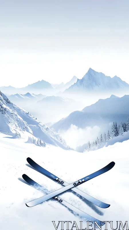 Snowy mountain escape with skis ready for winter adventure.