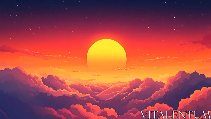 Vibrant digital sunset over glowing layered clouds.