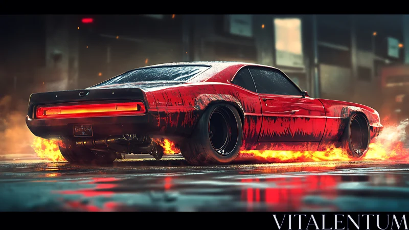 Retro muscle car drifts on flaming wet asphalt with cinematic bokeh