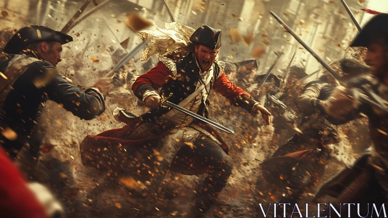 18th century infantry melee under musket fire in urban street