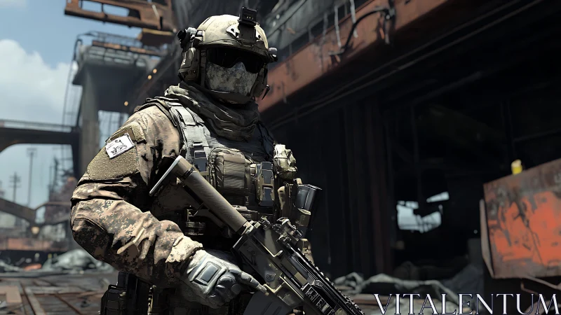 Heavily armed soldier patrols derelict industrial complex