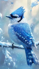Blue Jay in Winter Snowfall.