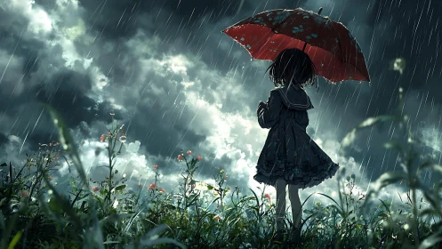 Girl with red umbrella pauses in a stormlit wildflower field