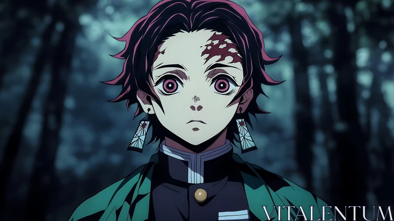 Anime swordsman portrait with scarred face in forest gloom