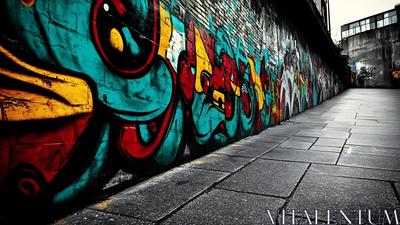 High-saturation graffiti mural lines receding urban alley perspective