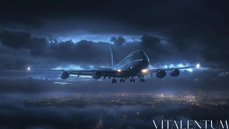 Widebody airliner on night final approach above city lights